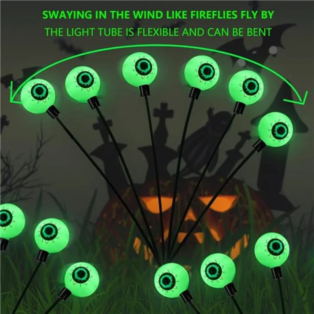2 Pack 12LED Solar Eyeball Scary Waterproof Pathway Green‎ Firefly Decor Lights